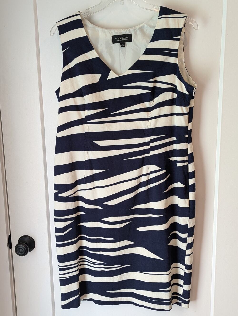 Black Label By Evan Picone Ladies 16 Navy Stripe Sleeveless Dress Lined Career